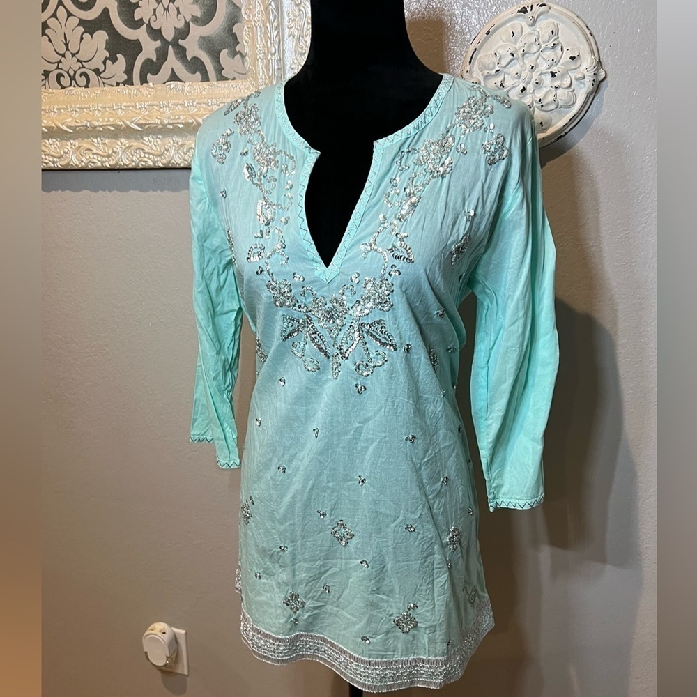 Embroidered beaded mint Aqua Tunic Top - Picture 8 of 10